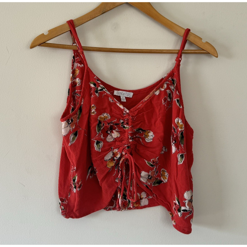 Y2K Red Floral Cinch Front Cami Crop Top Coquette Indie M